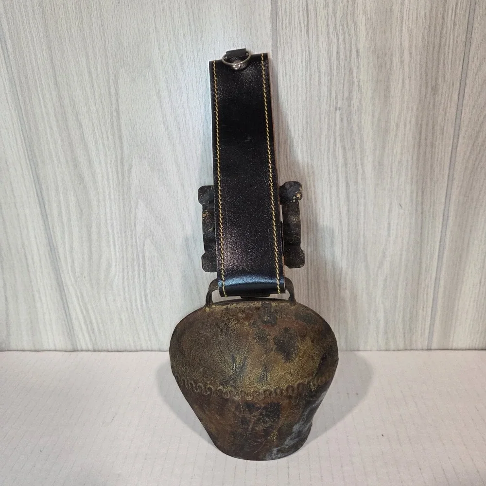 Vintage Swiss Large Cow Bell Hand Forged Iron W/ Strap Bavarian